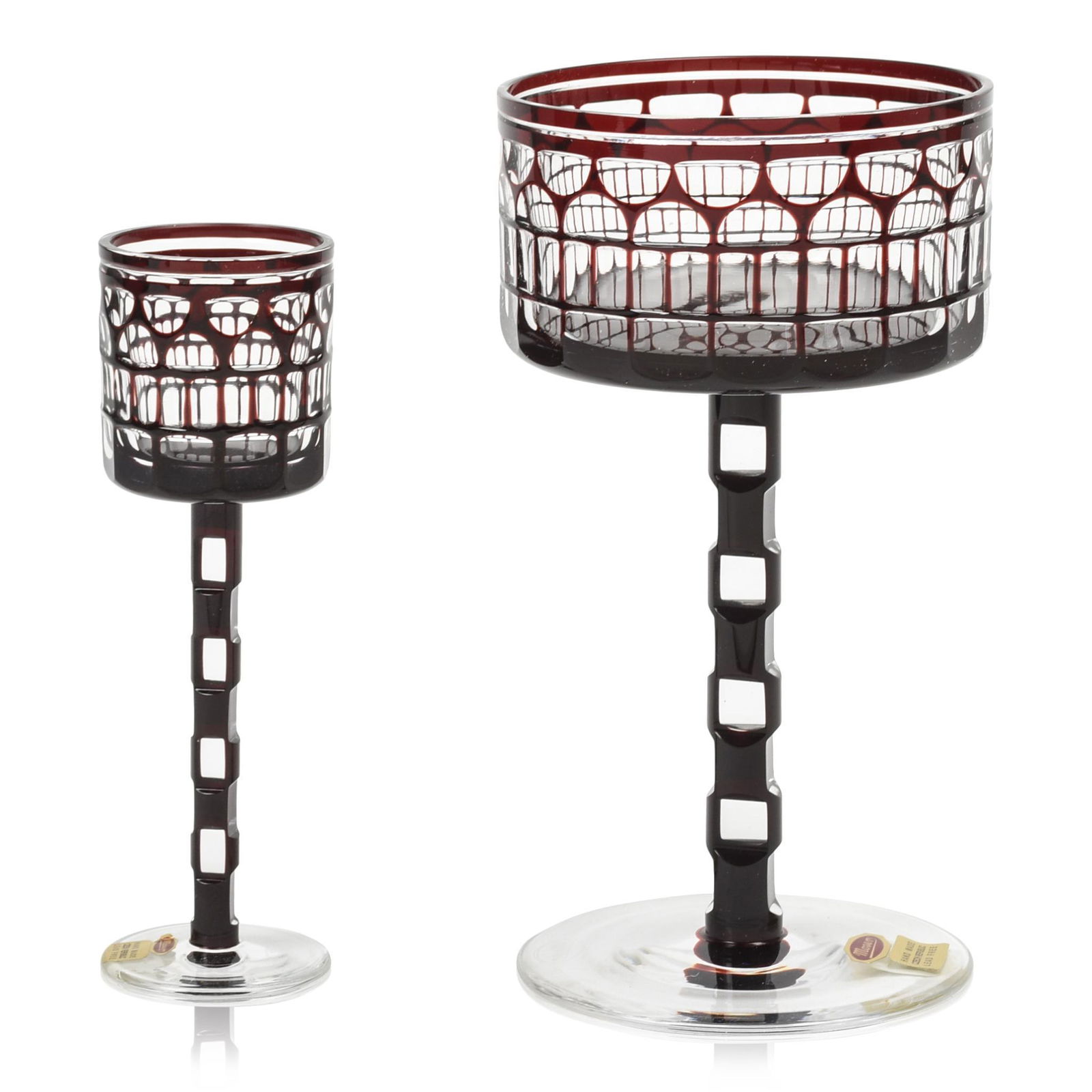 Two Otto Prutscher Secessionist Glass Goblets: Moser Glass 1990s reissue of original 1907 goblets, with original boxes, both signed "Moser" on the bottom Otto Prutscher (1880-1949) was an Austrian architect and member of the Wiener Werkstatte.