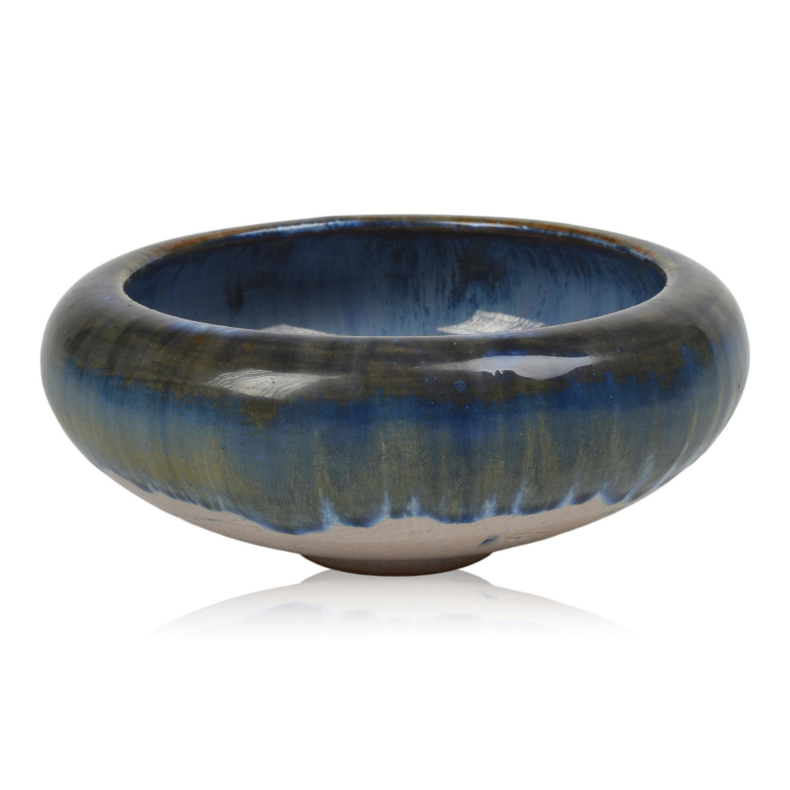 Fulper Pottery Bowl: Height 3.25 inches, diameter 7.5 inches, blue flambe glaze, signed.