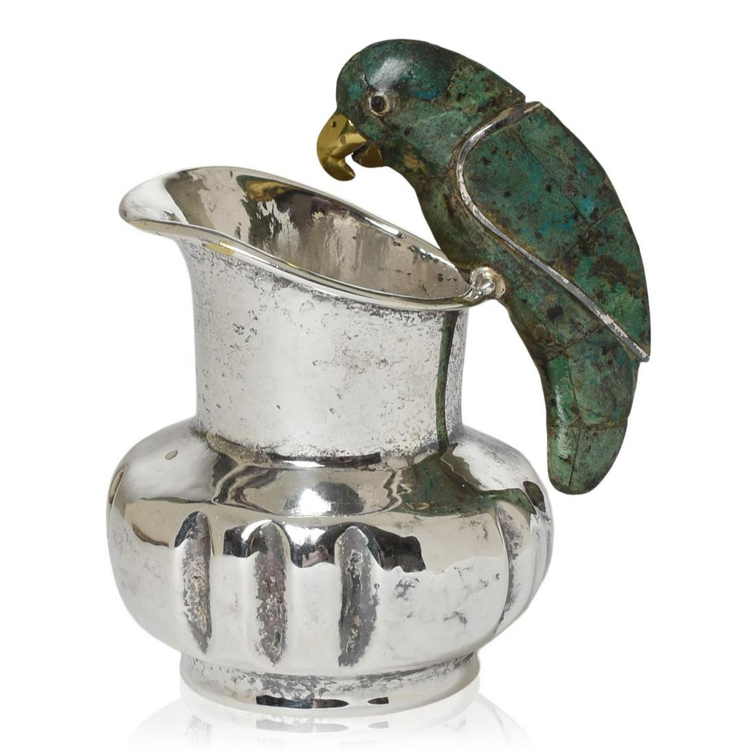 Los Castillo Parrot Pitcher: Height 4.5 inches, silver-plate with malachite, Taxco, Mexico, 1960s, signed.