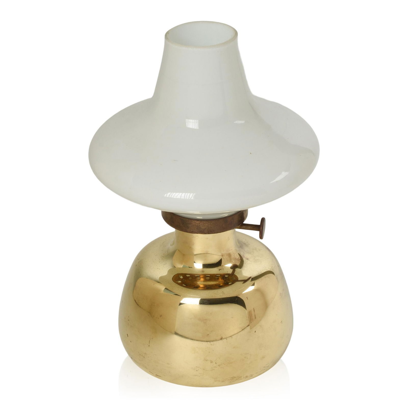 Henning Koppel Petronella Oil Lamp: Designed for Louis Poulsen, Denmark, with original cardboard box and extra white glass shade, missing colorless glass interior shade,