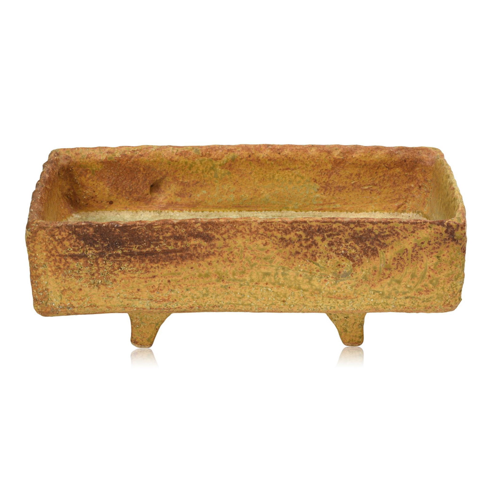 Japanese Mid Century Pottery Ikebana Vase: Possibly Toyo, height 4.5 inches, width 11.75 inches, depth 5.5 inches.