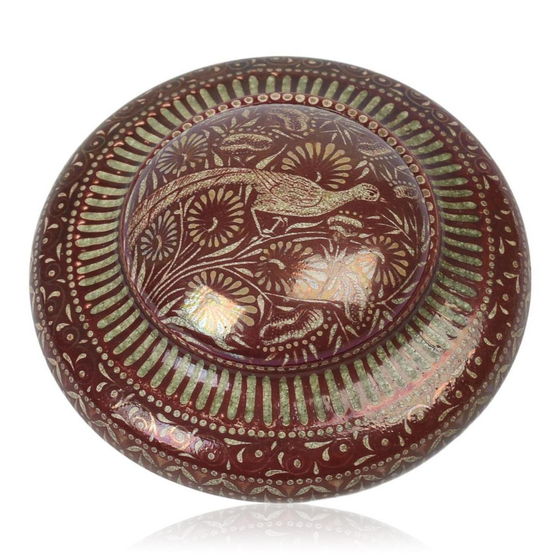 Zsolnay Pottery Art Nouveau Miniature Covered Box: Luster glaze decorated with birds and flowers, signed, Hungary, c. 1900, diameter 2.75 inches.