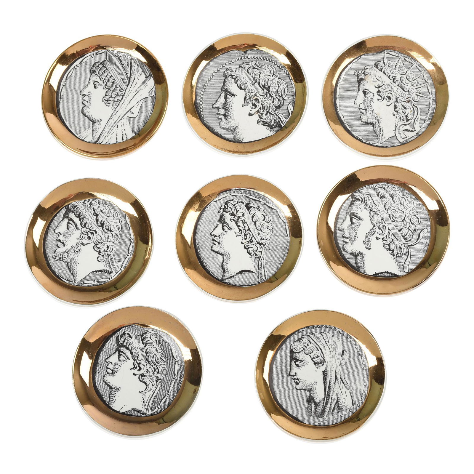8 Piero Fornasetti "Monete" Cocktail Coasters: All signed, Italy, c. 1960s, diameter 4 inches.