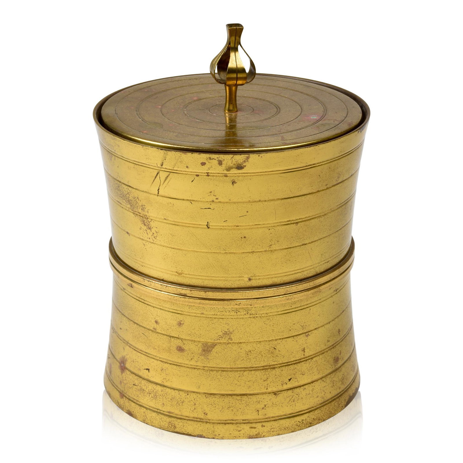 Tommi Parzinger Brass Ice Bucket: Designed for Dorlyn Silversmiths, c. 1950, signed with Dorlyn mark, glass liner by Thermos. Height 8 inches.