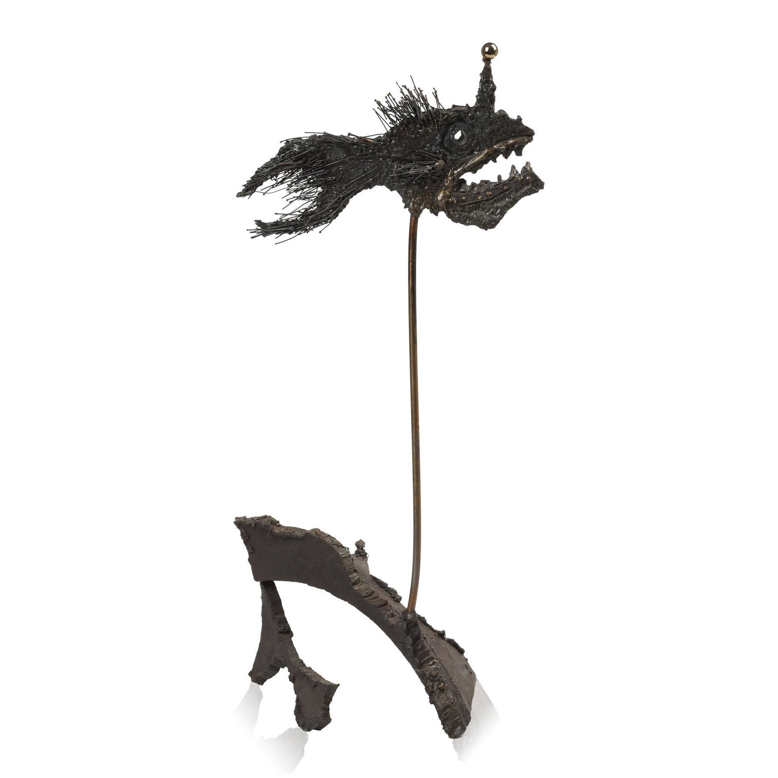 Anglerfish Brutalist Iron Sculpture: Unsigned, height 21 inches.