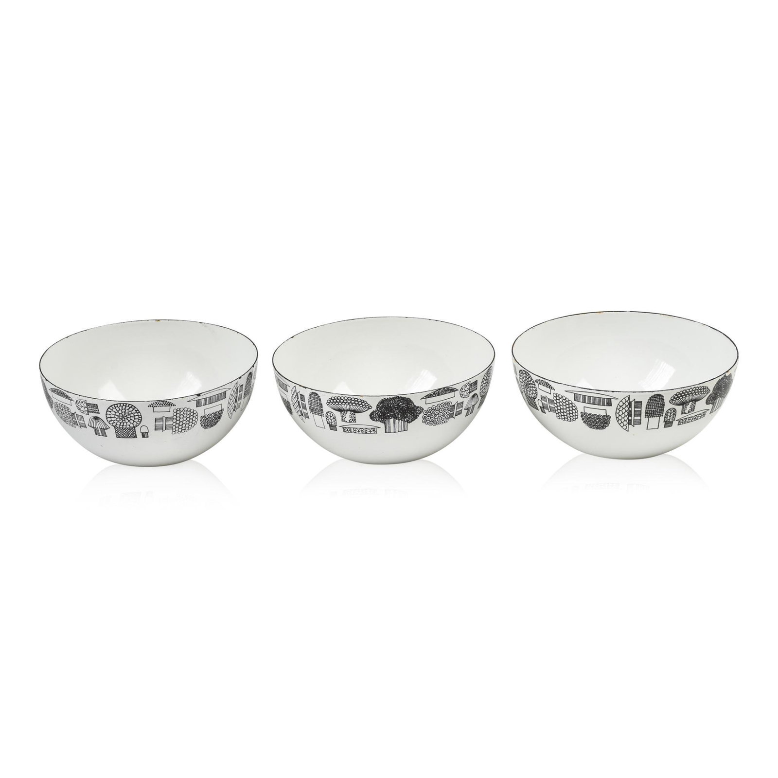 Three Kaj Franck Enamel Bowls for Finel: Mushroom decoration, Finland, c. 1960, all signed on bottom, diameter 5.5 inches.