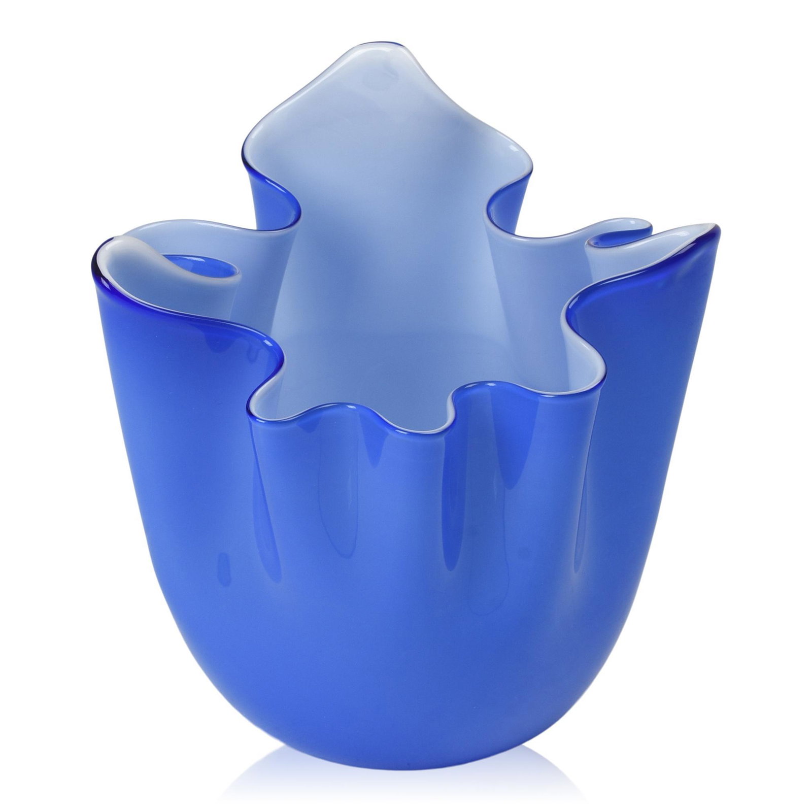 Venini Glass Handkerchief Vase: Blue with white interior, acid etched signature "Venini Murano Italia", Murano Italy, c. 1950s. Height 6 inches.