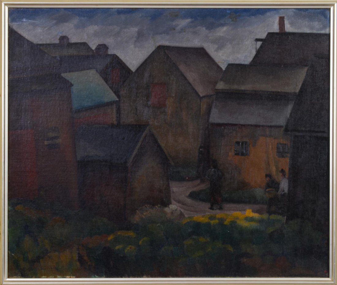 Joseph Raskin "Gloucester Street at Dusk" Painting: (NYC, 1897-1981), oil on canvas, 12.25 x 14 inches, signed lower left, signature rubbed, canvas relined