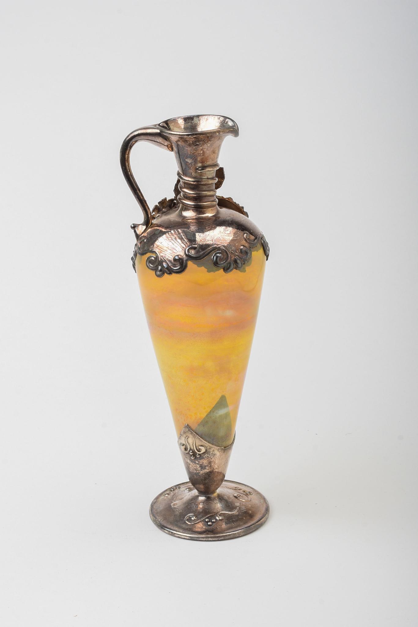 Blown Glass & Silver Decanter or Pitcher.: Height 9.5 inches.