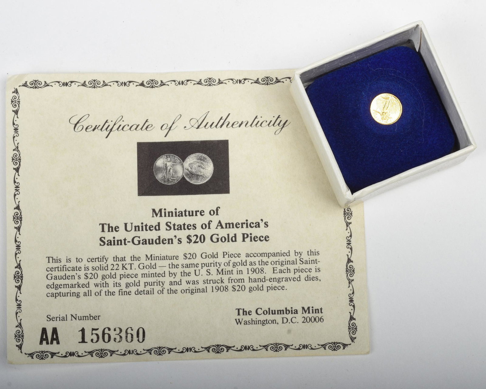 Reproduction 1908 Saint Gardens 22K Solid Gold $20: With Columba Mint COA.