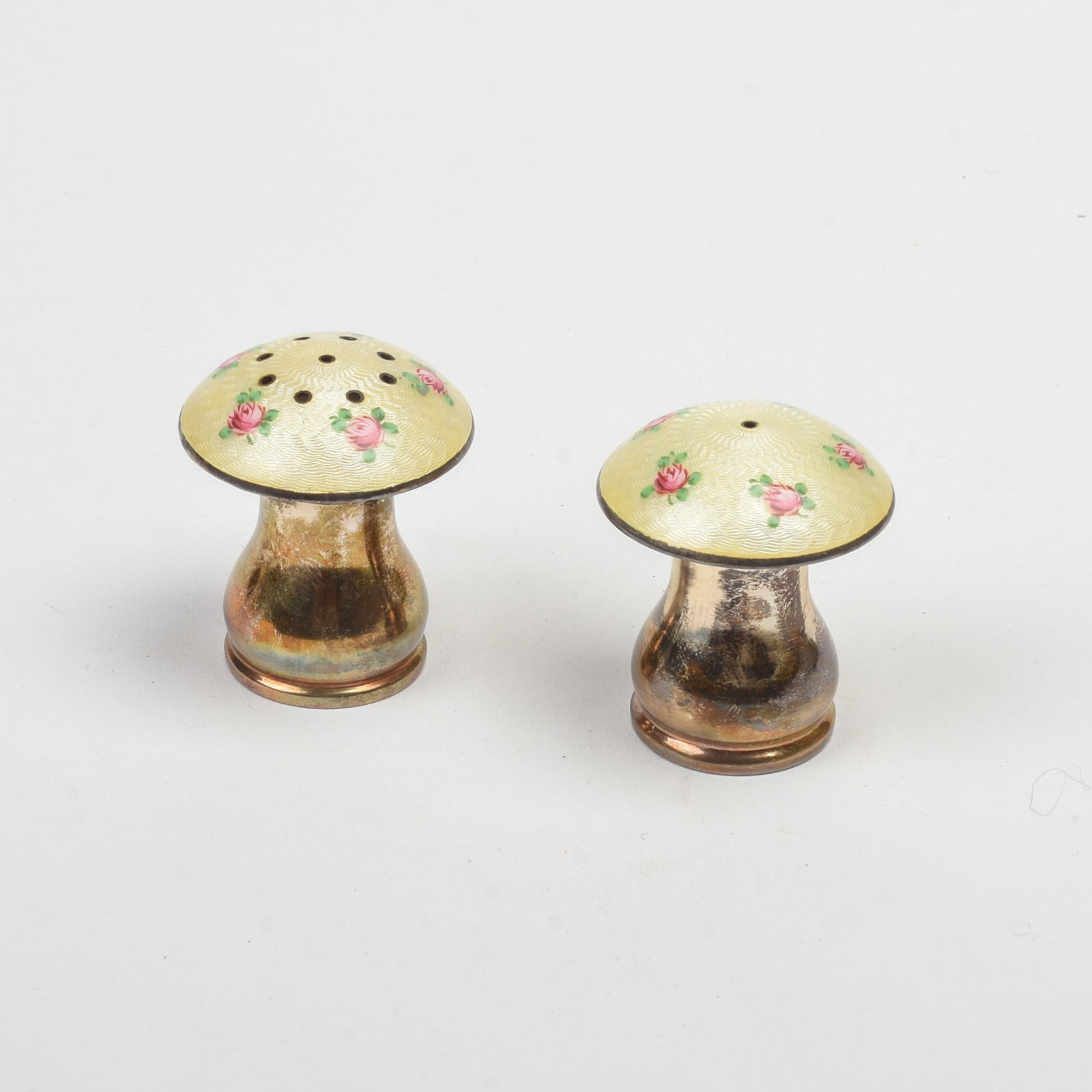 Sterling Silver & Enamel Salt & Pepper Set.: Height 1.75 inches, 56.09 grams total weight.