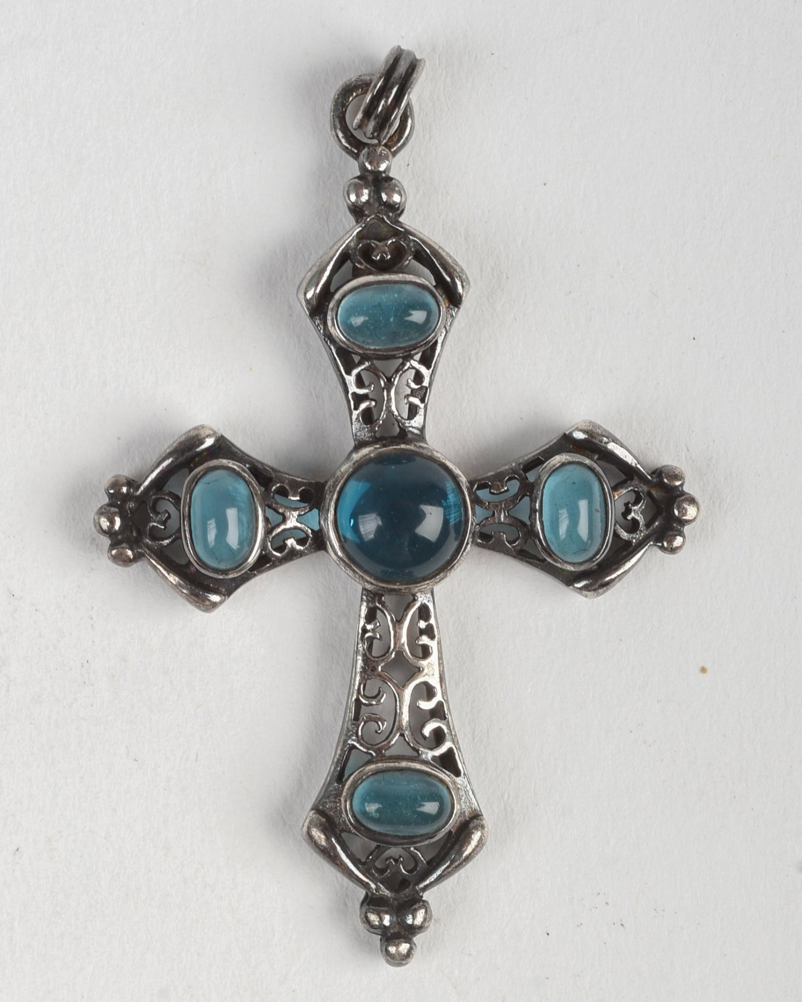 Sterling Silver Blue Stone Cross Pendant.: 2.25 x 1.5 inches.