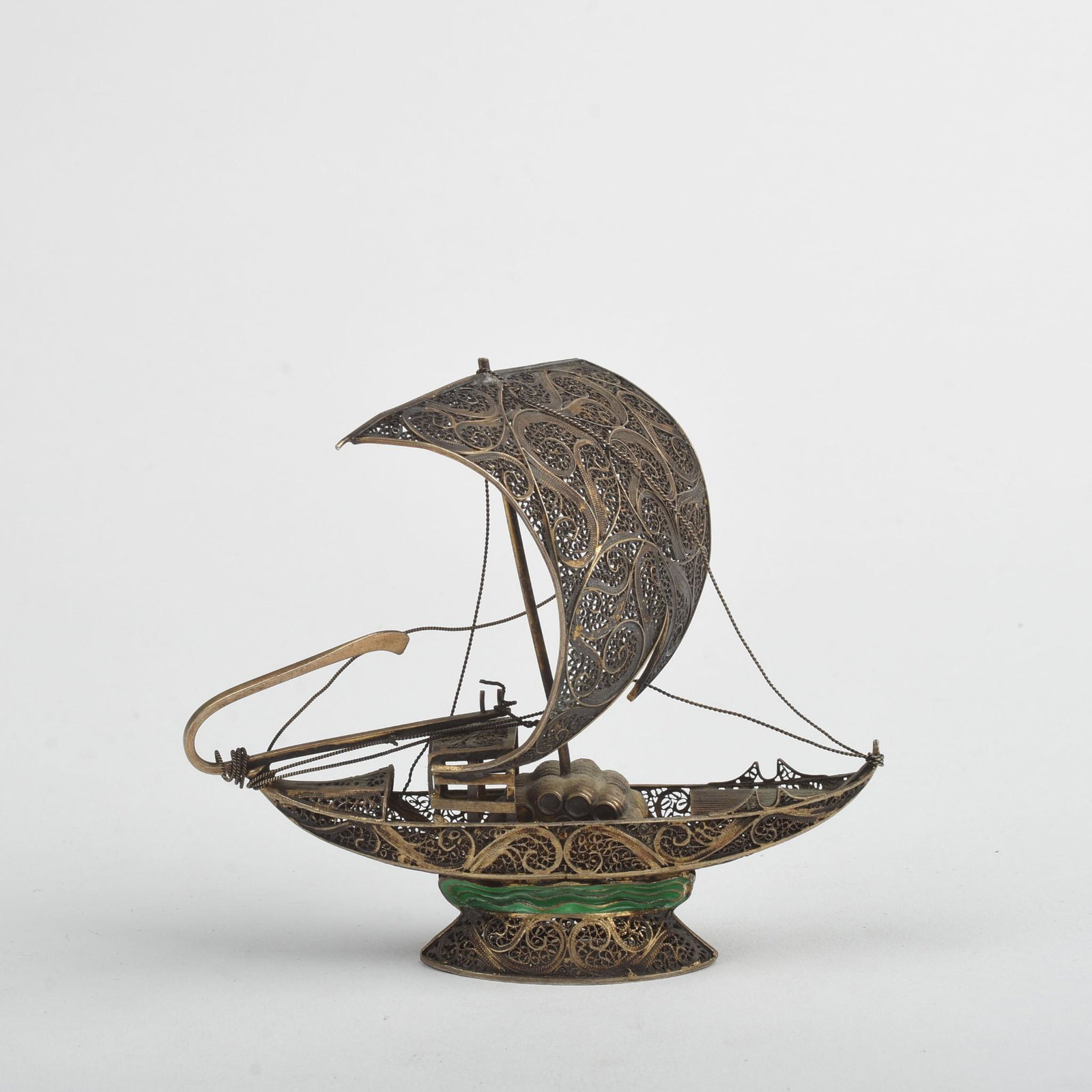 Sterling Silver & Enamel Filigree Ship Figurine.: Length 4 inches, height 3.5 inches, 45 grams.