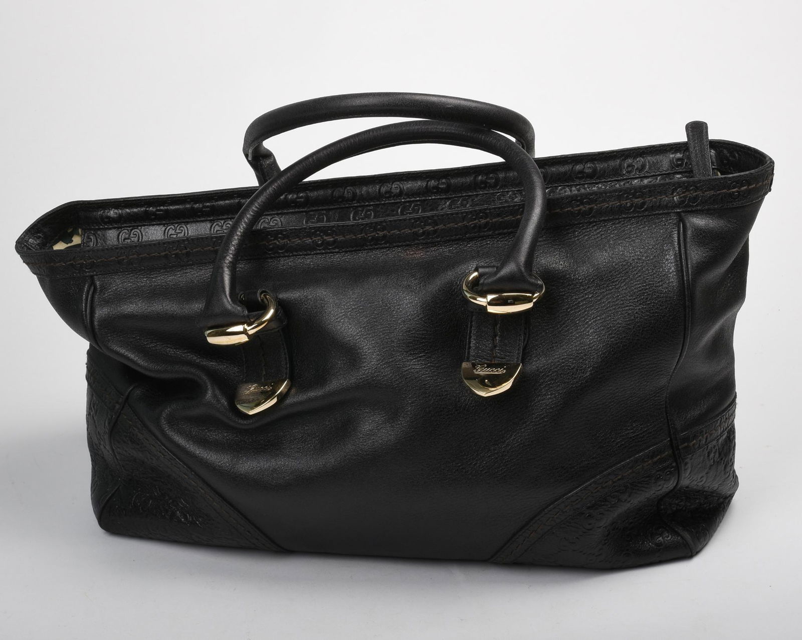 Large Black Leather GUCCI Tote With Brass Accents. (1 of 5)