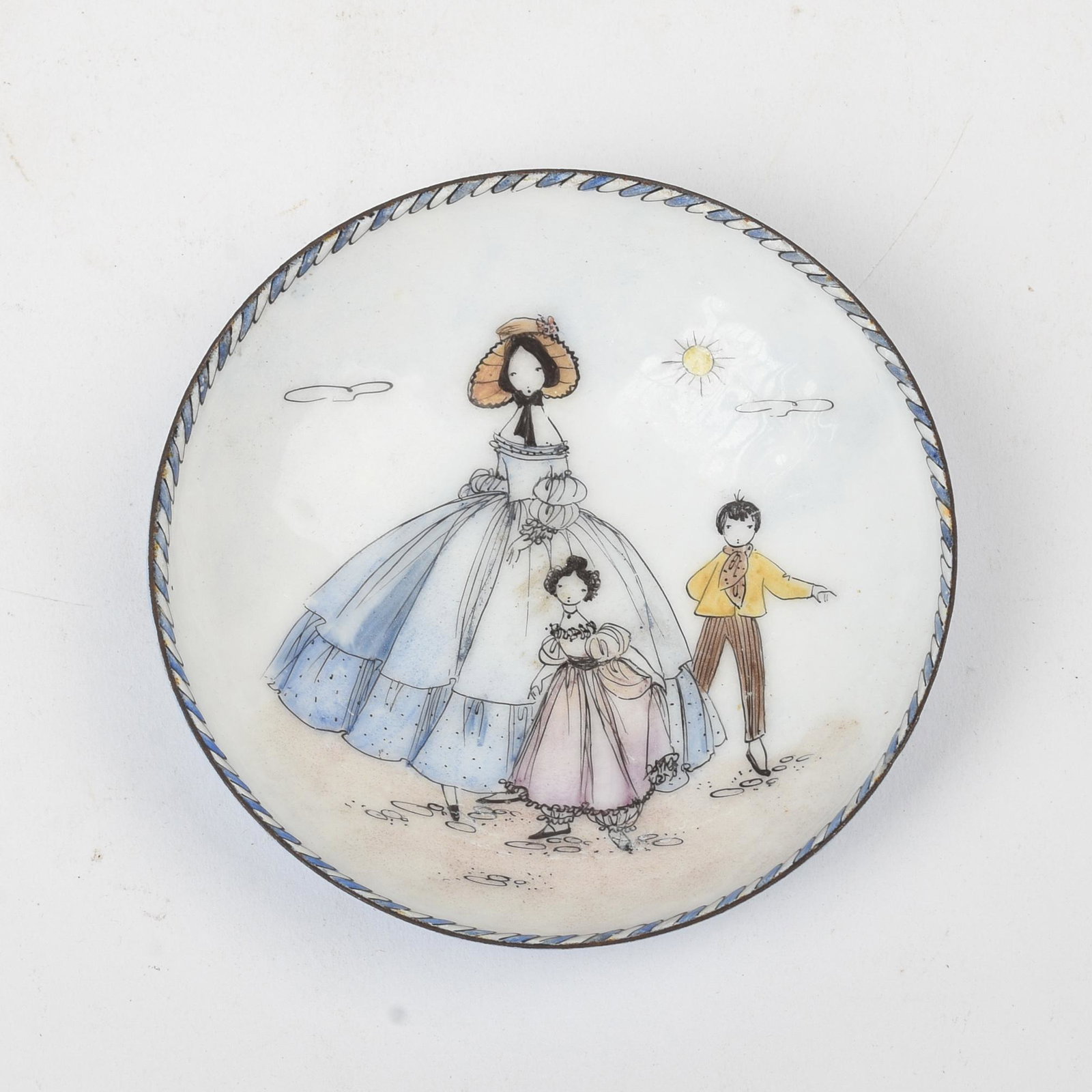 Small Enameled Dish With a Mother and Two Children.: Diameter 4.125 inches, chip to rim.