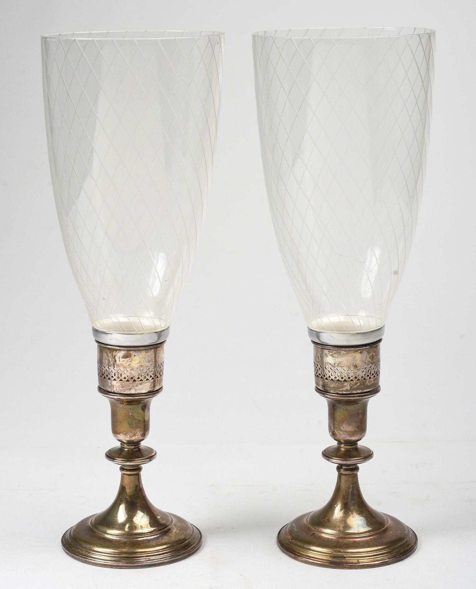 Pair of Sterling Candlesticks With Hurricane Shades. (1 of 3)