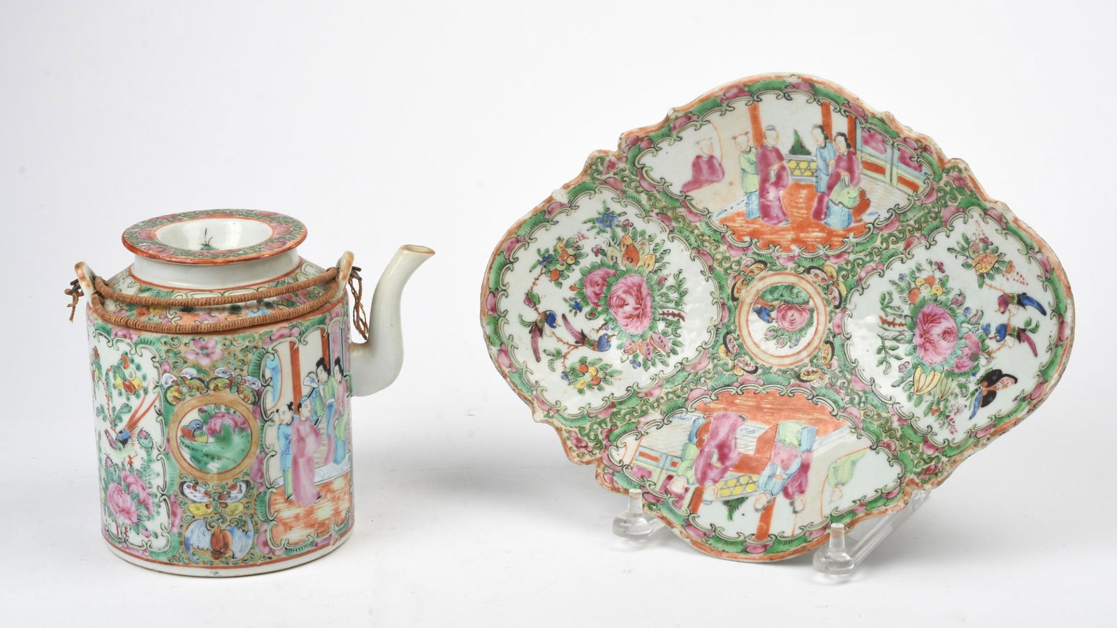Rose Medallion Teapot and Tray.: Height of teapot 6.5 inches, tray 12 x 9.5 inches. Chips to rim of tray, teapot condition good.