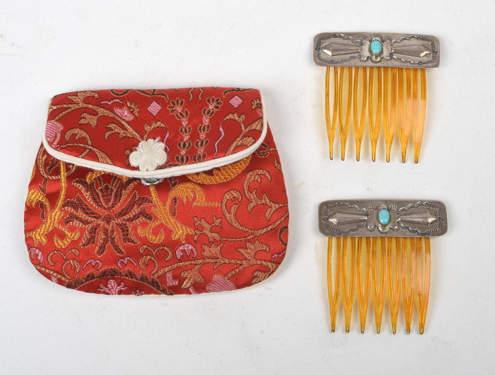 Pair Navajo Sterling and Turquoise Hair Combs.: Each 1.75 x 1.75 inches.