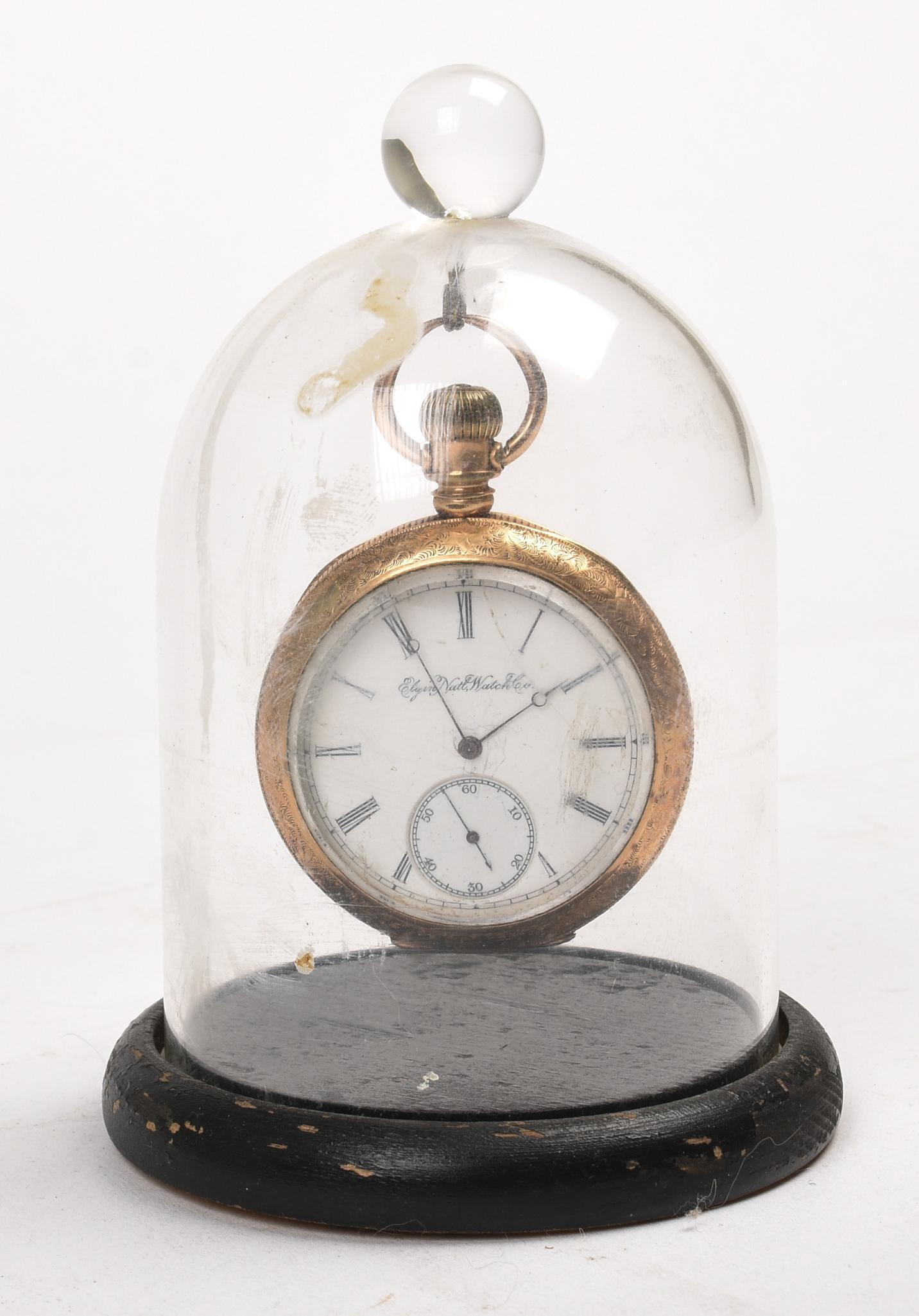 Elgin Pocket Watch in Glass Cloche.: Model serial 4329980, 1891.
