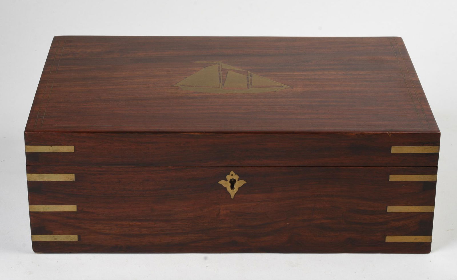 Brass Bound Box With Ship Inlay.: Width 15 inches, depth 10 inches, height 5 inches.