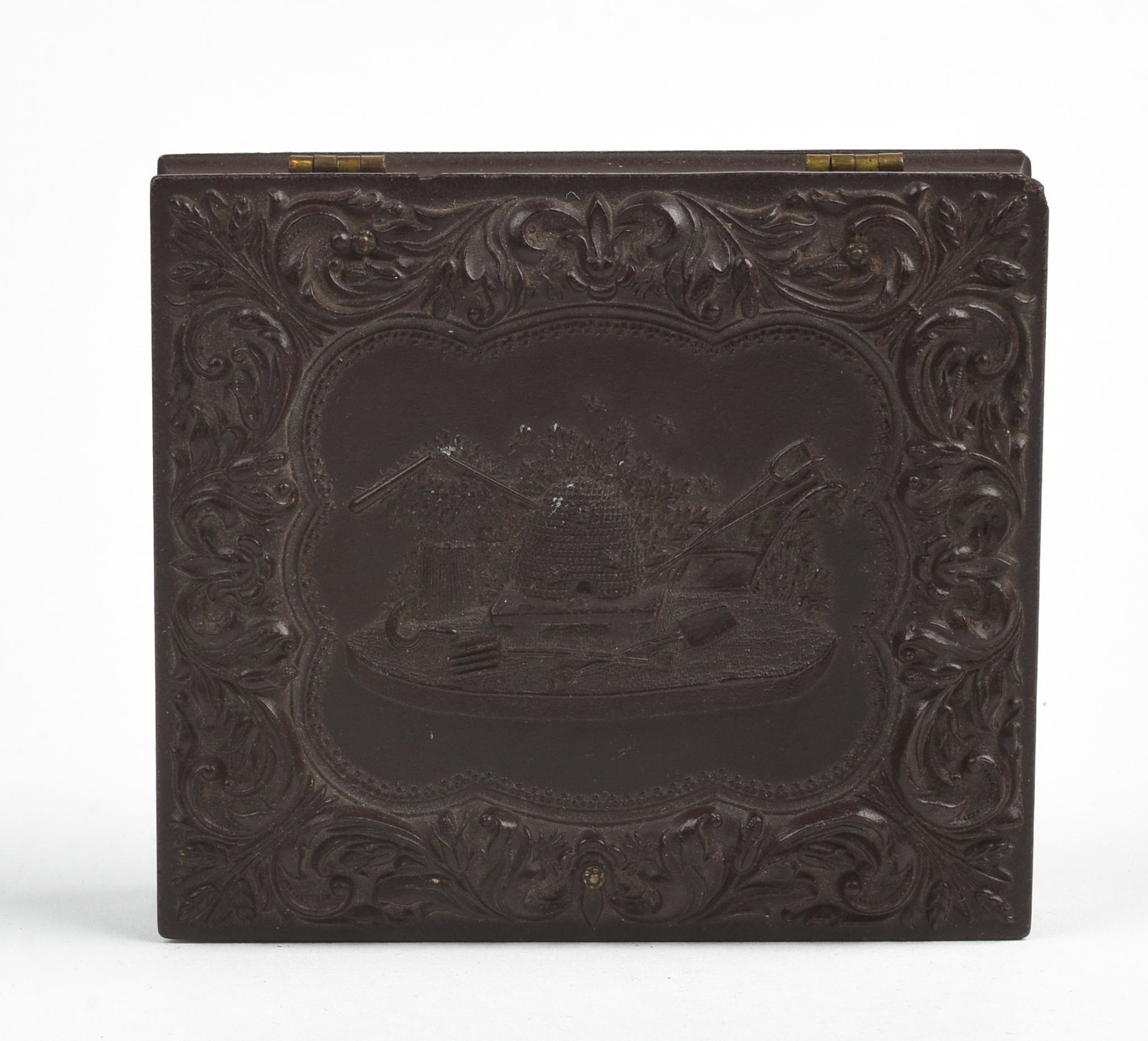 Tin Type Portrait of a Father and Son.: In a case carved with a beehive motif, possibly related to the Grange. Case 3.75 x 3.25 inches.