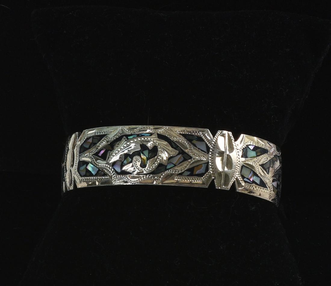 Sterling and Mother of Pearl Inlay Cuff.: 925 Sterling. Width 2.5 inches.