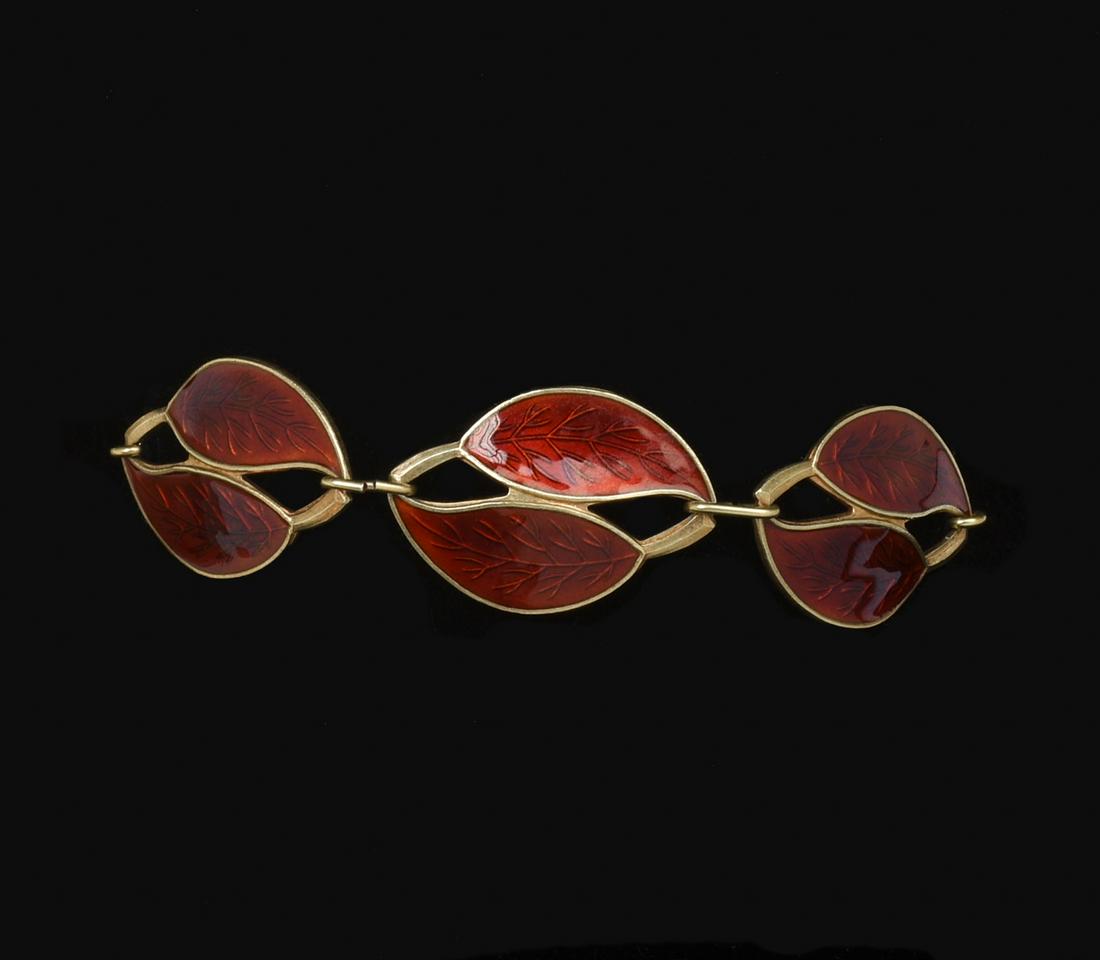 Meka Sterling and Enamel Double Leaf Bracelet.: Red enamel. Marked Meka, Sterling, Denmark. Length 7 inches.