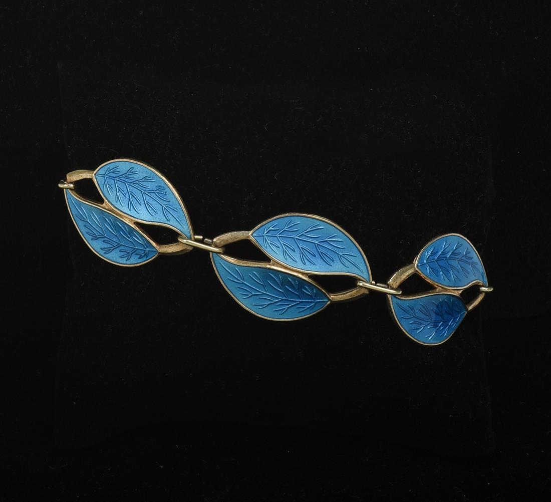 Meka Sterling and Enamel Double Leaf Bracelet.: Blue enamel. Marked Meka, Sterling, Denmark. Length 6.75 inches.