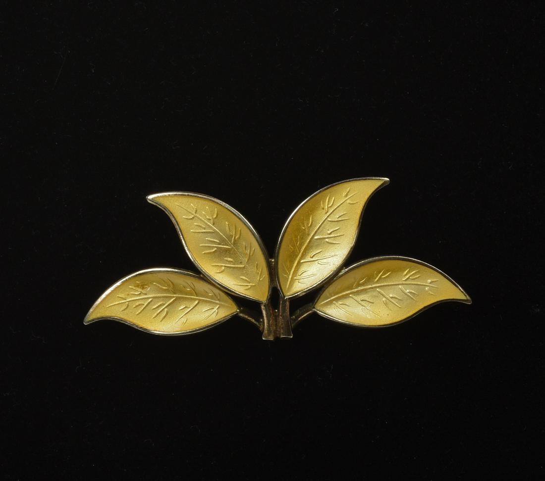 David Anderson Sterling and Enammel Leaves Pin: Yellow enamel. Marked D-A, 925 s, Sterling, Norway. Dimensions 2.5 inches by 1 inch.