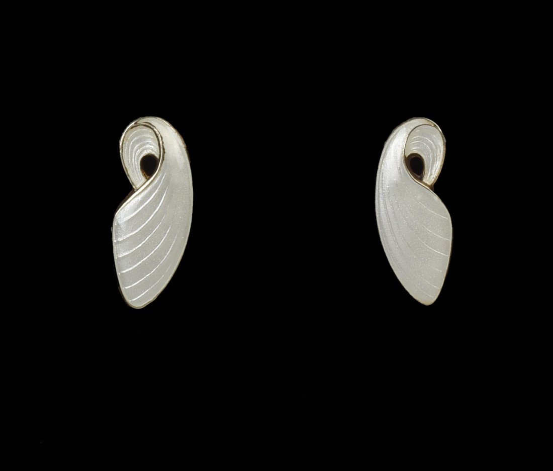 Danish Sterling and Enamel Stylized Leaf Earrings.: Clip on style. Marked VB, Sterling, Denmark. Height 1 inch.