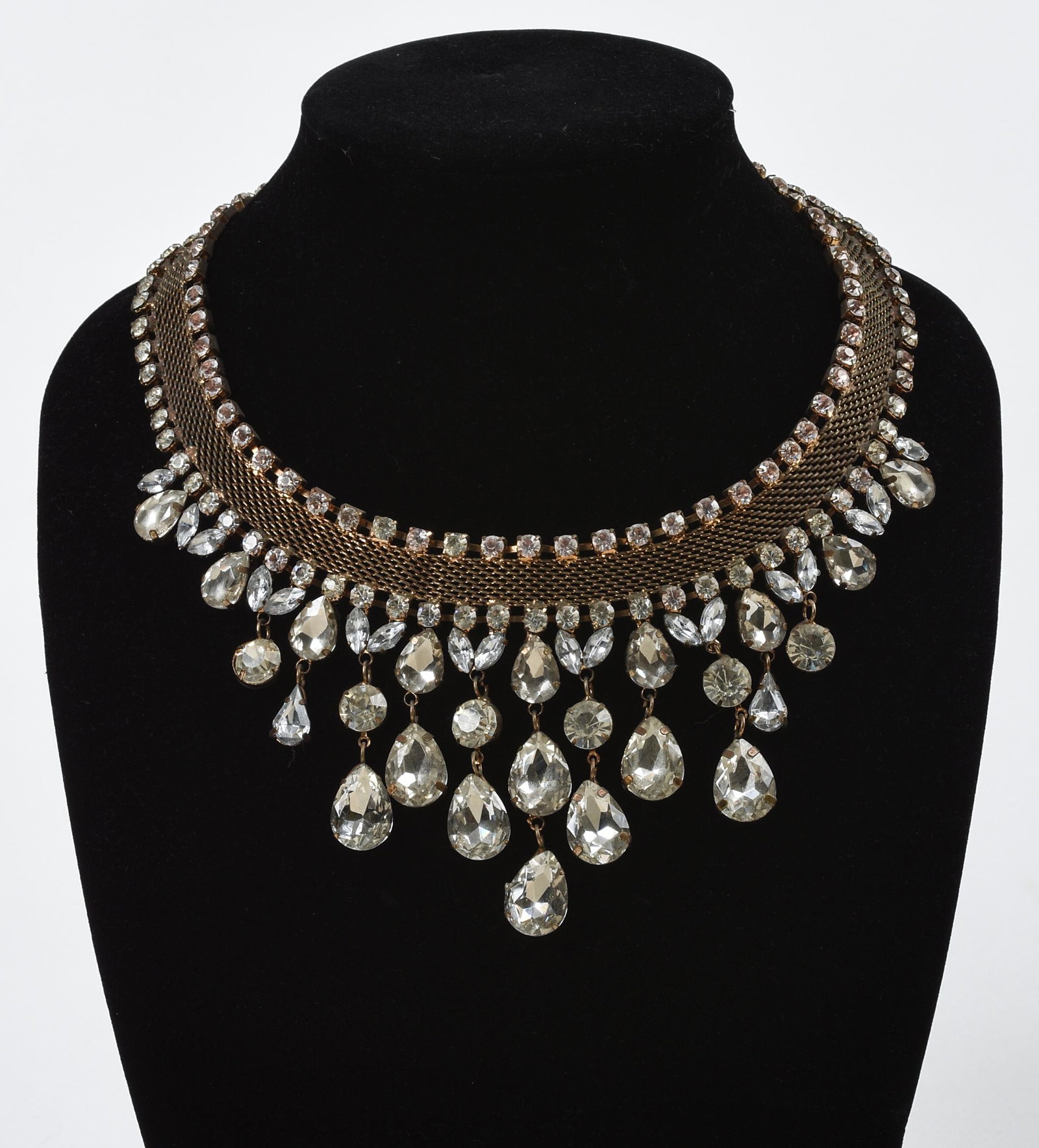 Large Rhinestone Collar with Drops.: Two rows of rhinestones with large hanging drops. Wonderful statement piece. Length 18 inches.