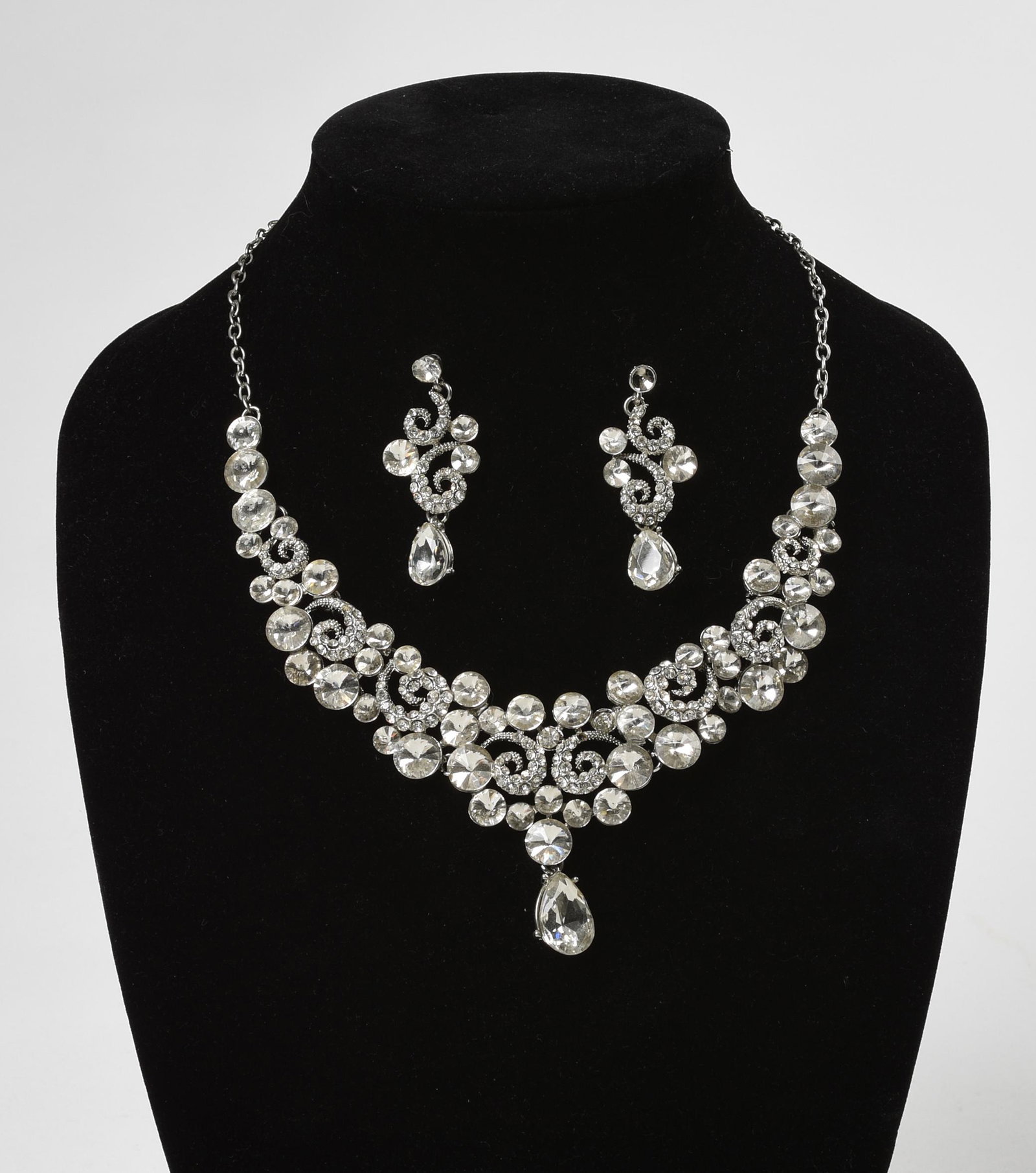 Pair of Rhinestone Necklaces with Earrings.: Romantic, sweet rhinestone neckalces with earrings. Earrings are pierced style. Length of necklace chains 18 inches each.