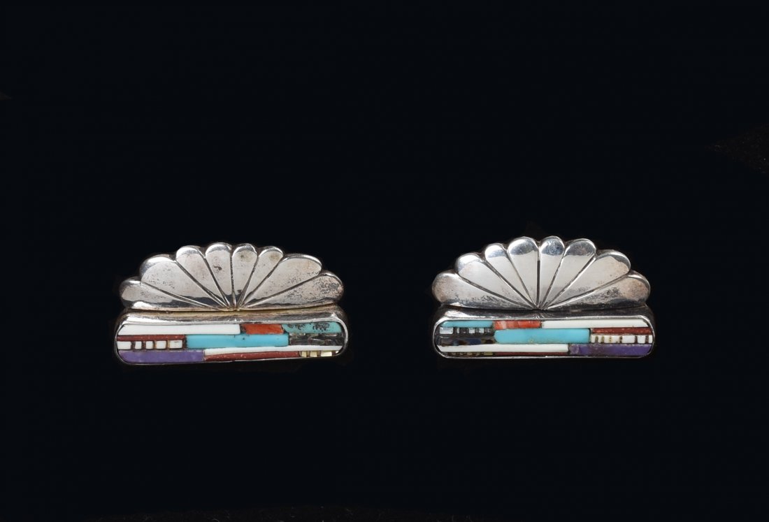 Henry Rosetta Silver Fan Earrings.: With inlay of turquoise and hardstones. Pierced style.