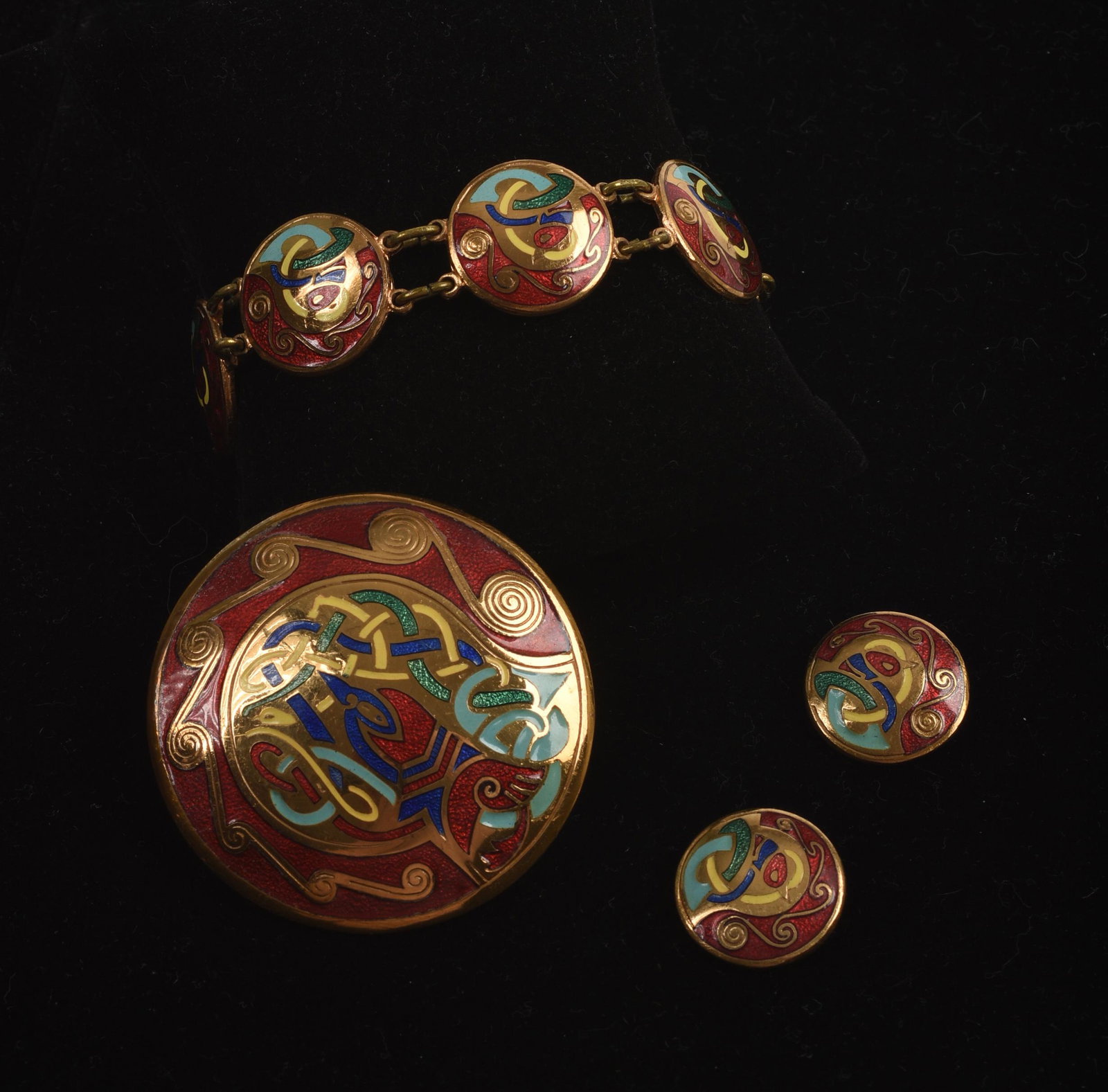 Set of Enameled Pin, Bracelet and Earrings.: Earrings are clipon style. Bracelet length 7.25 inches. Pin diameter 2.25 inches. Earrings diameter .75 inches.