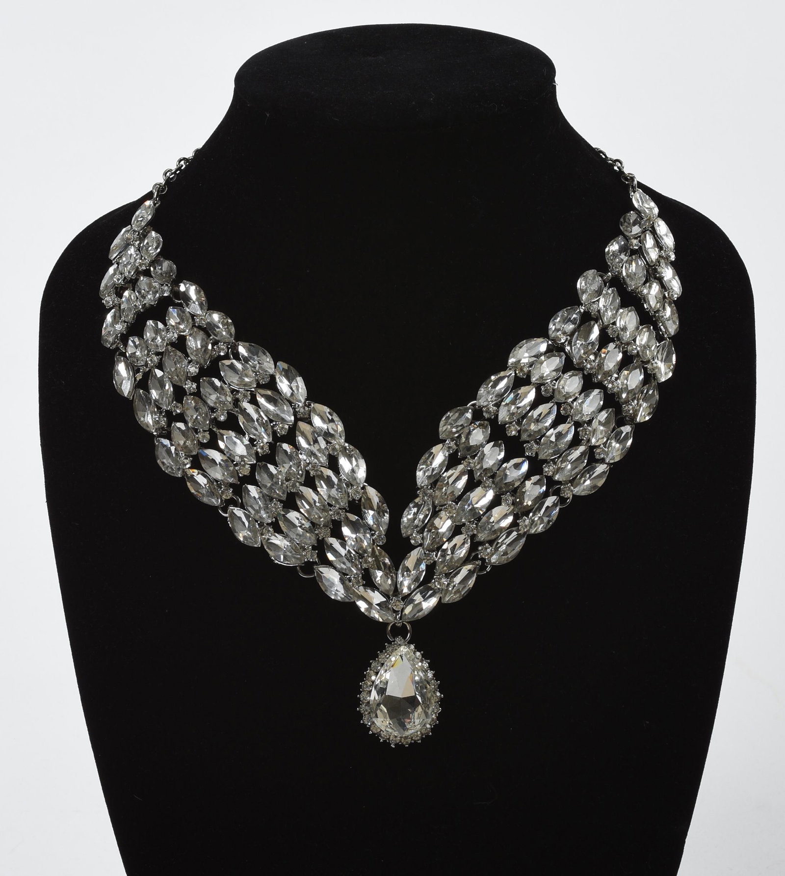 Rhinestone V-Shape Necklace with Drop.: Runway quality and design. Sits high on neck. Length 18 inches.