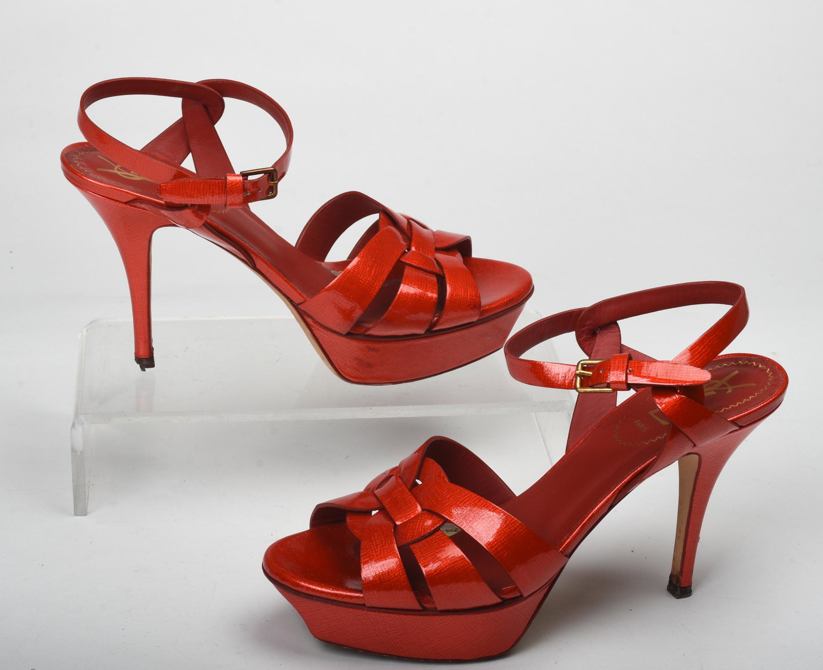 Pair of Yves Saint Laurent Pattended Leather Platform: Size 37.5. Condition: fair.