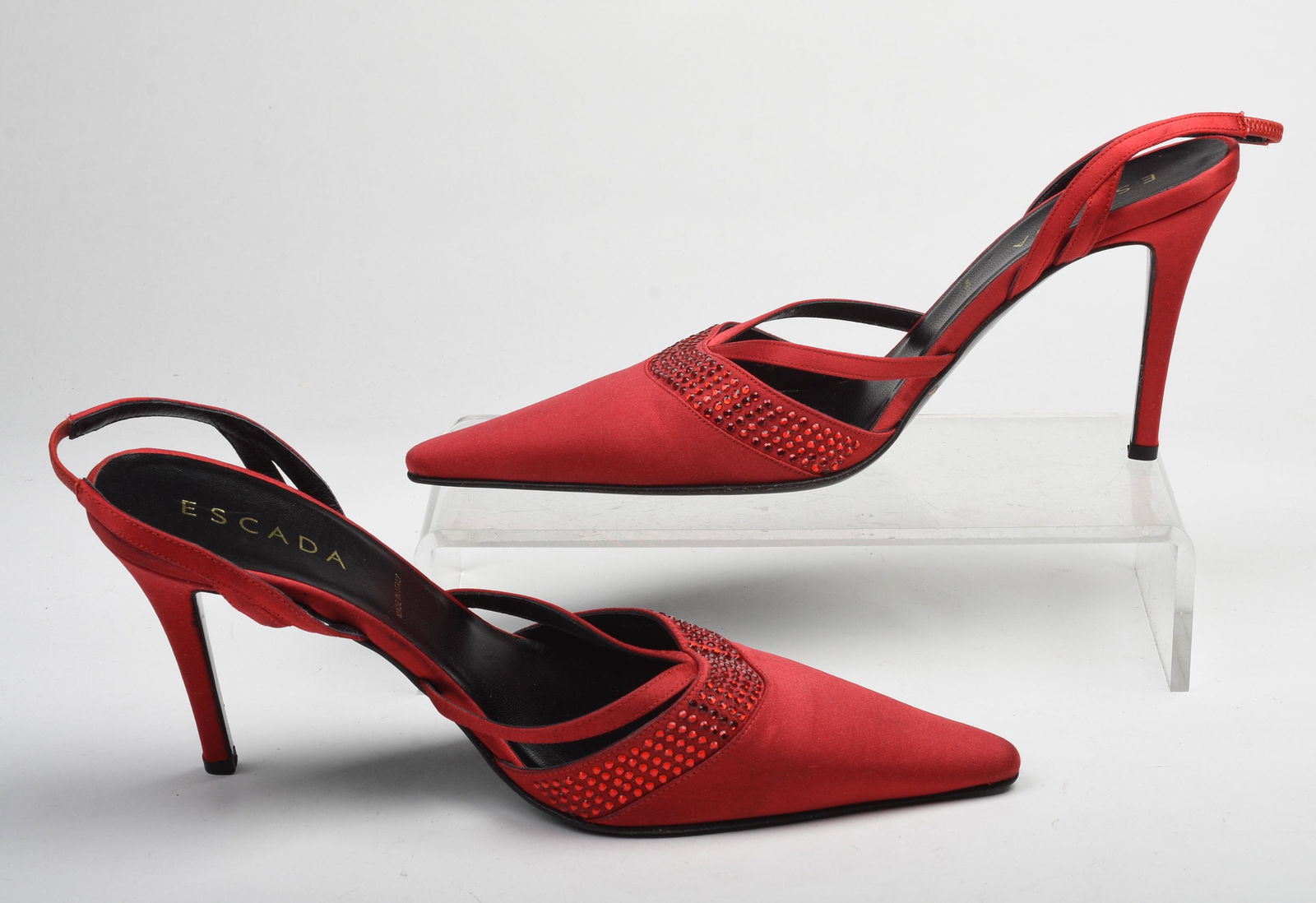 Pair of Red Satin Slingback Escada Heels.: Size 39. Red satin with rhinestone band. Condition: good.