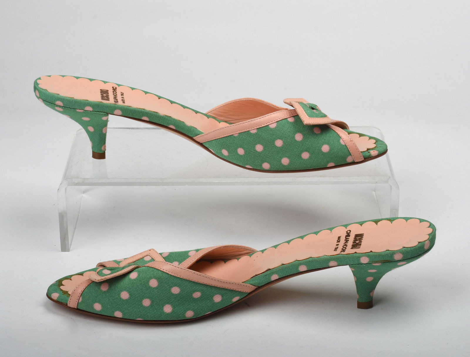 Pair of Moshino Kitten Heel Slipons.: Leather and fabric. Size 39. Condition: good.