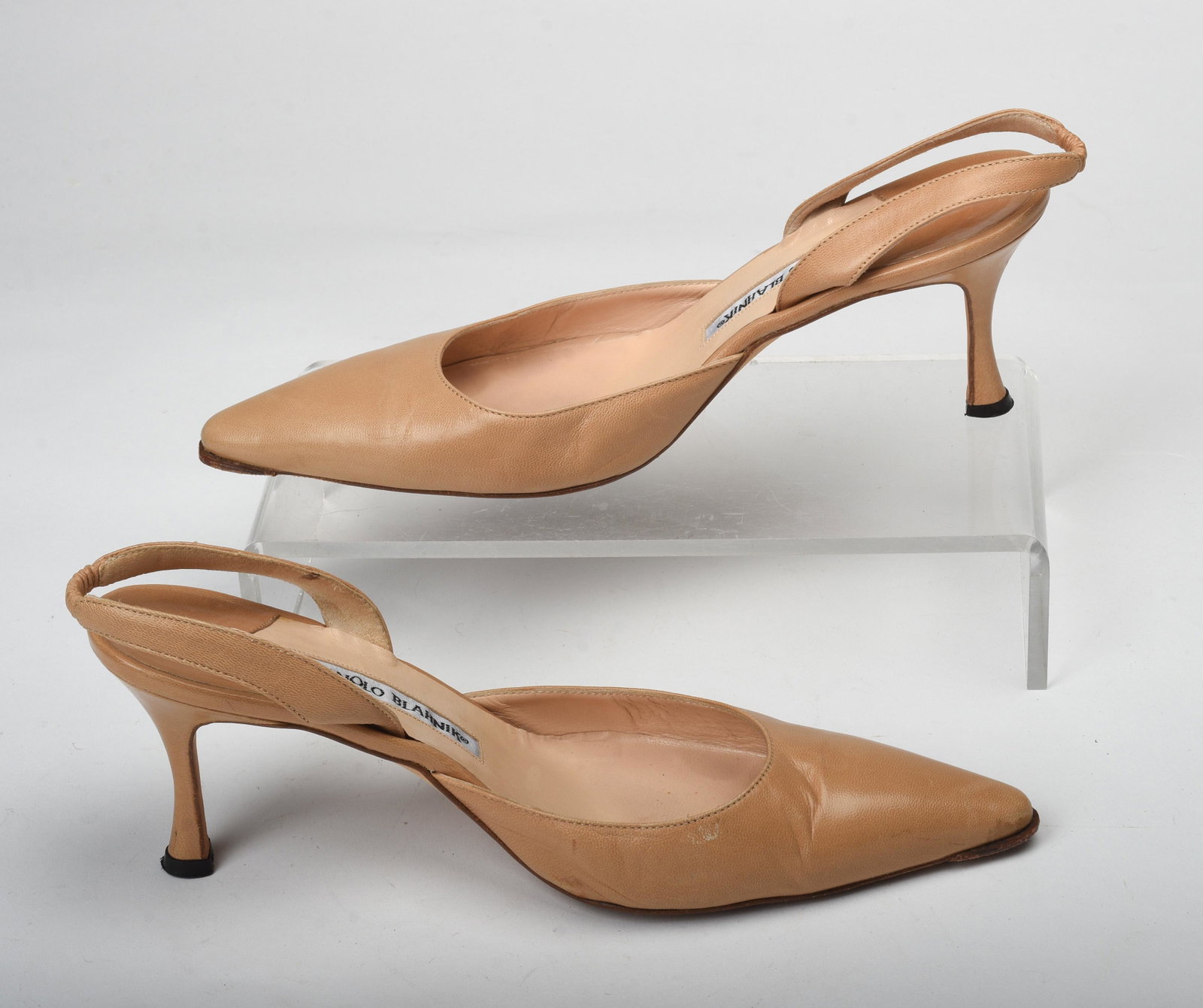 Pair of Tan Manolo Blahnik Low Heels.: Size 38. Condition fair.
