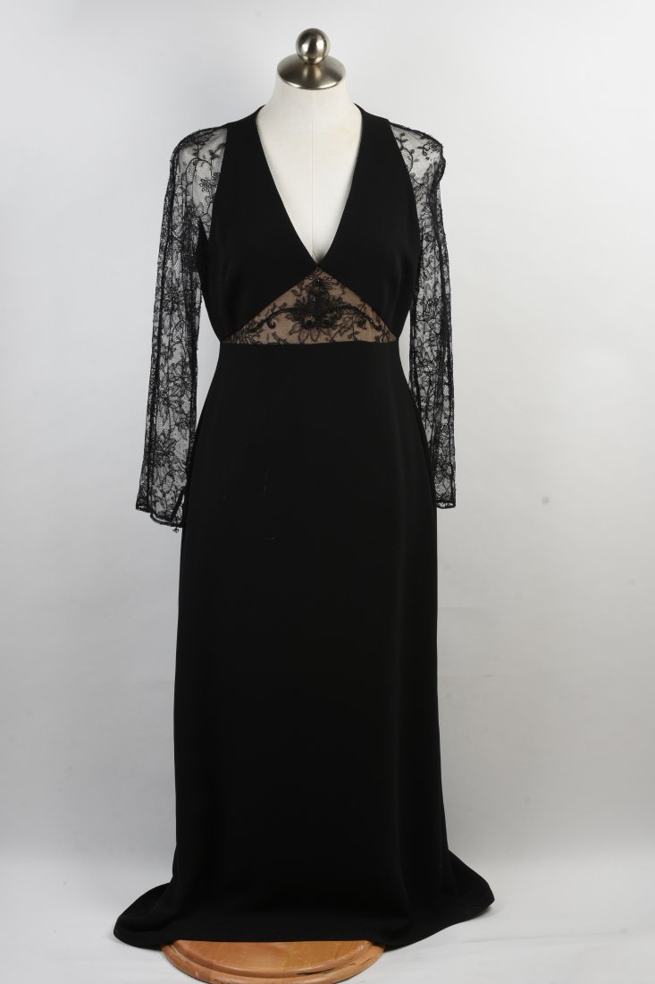 Badgley Mischka Evening Dress.: Wtih lace arms and jet buttons. Size 10. Length from shoulder 53 inches. Condition: minor wear on lace.
