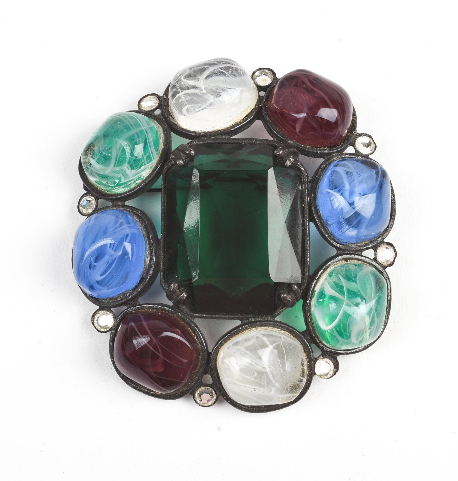 Kenneth J. Lane Large Cabachon Glass Pin.: With emerald shaped center stone. Very French looking. 3 inches by 3.5 inches.