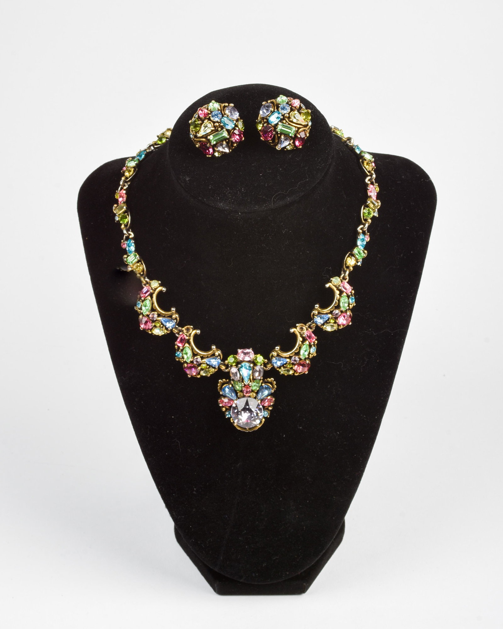 Hollycraft Necklace and Earrings.: Multicolor rhinestones. Necklace length 15 inches.