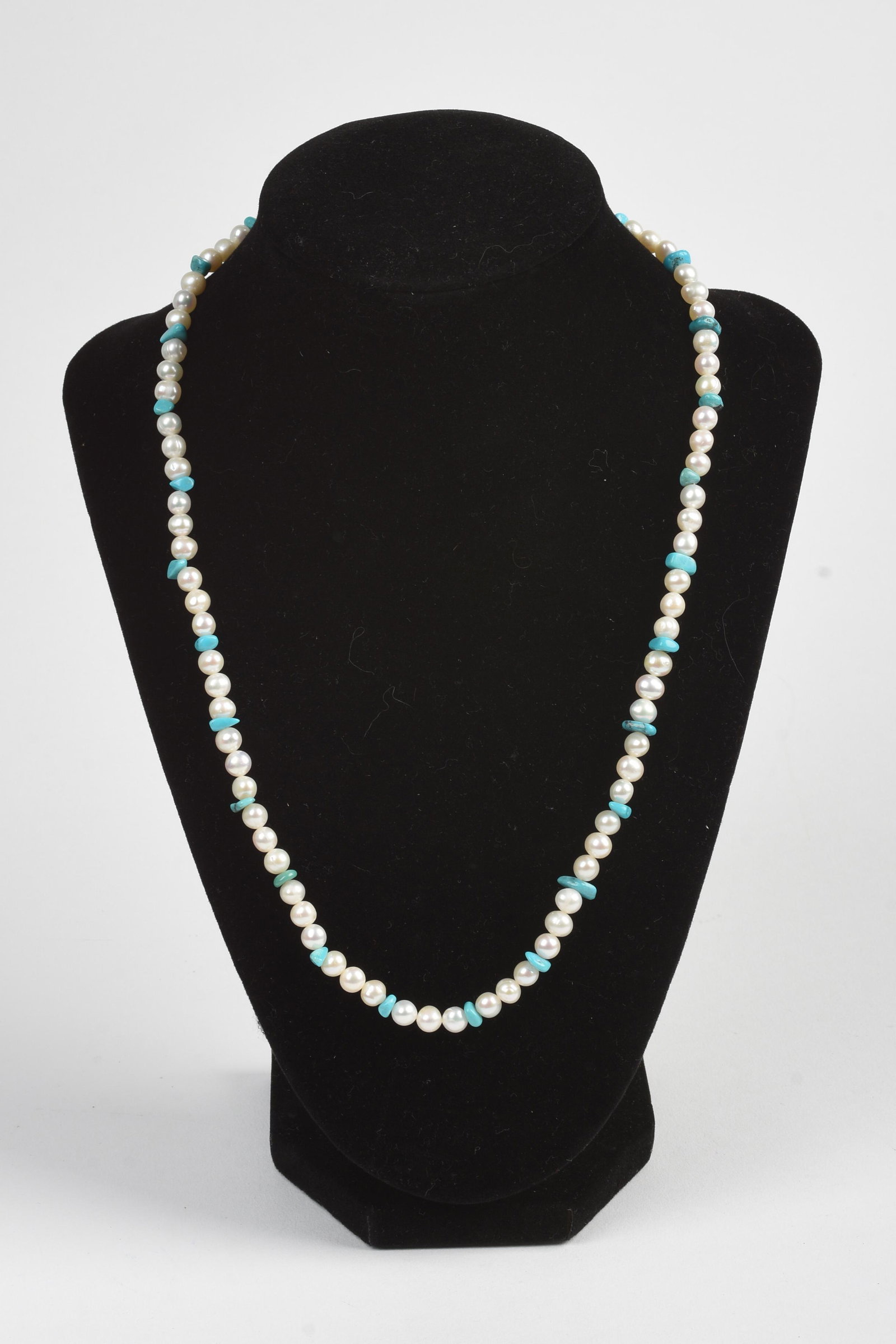 Turquoise and Pearl Necklace.: Tested. Length 20 inches.