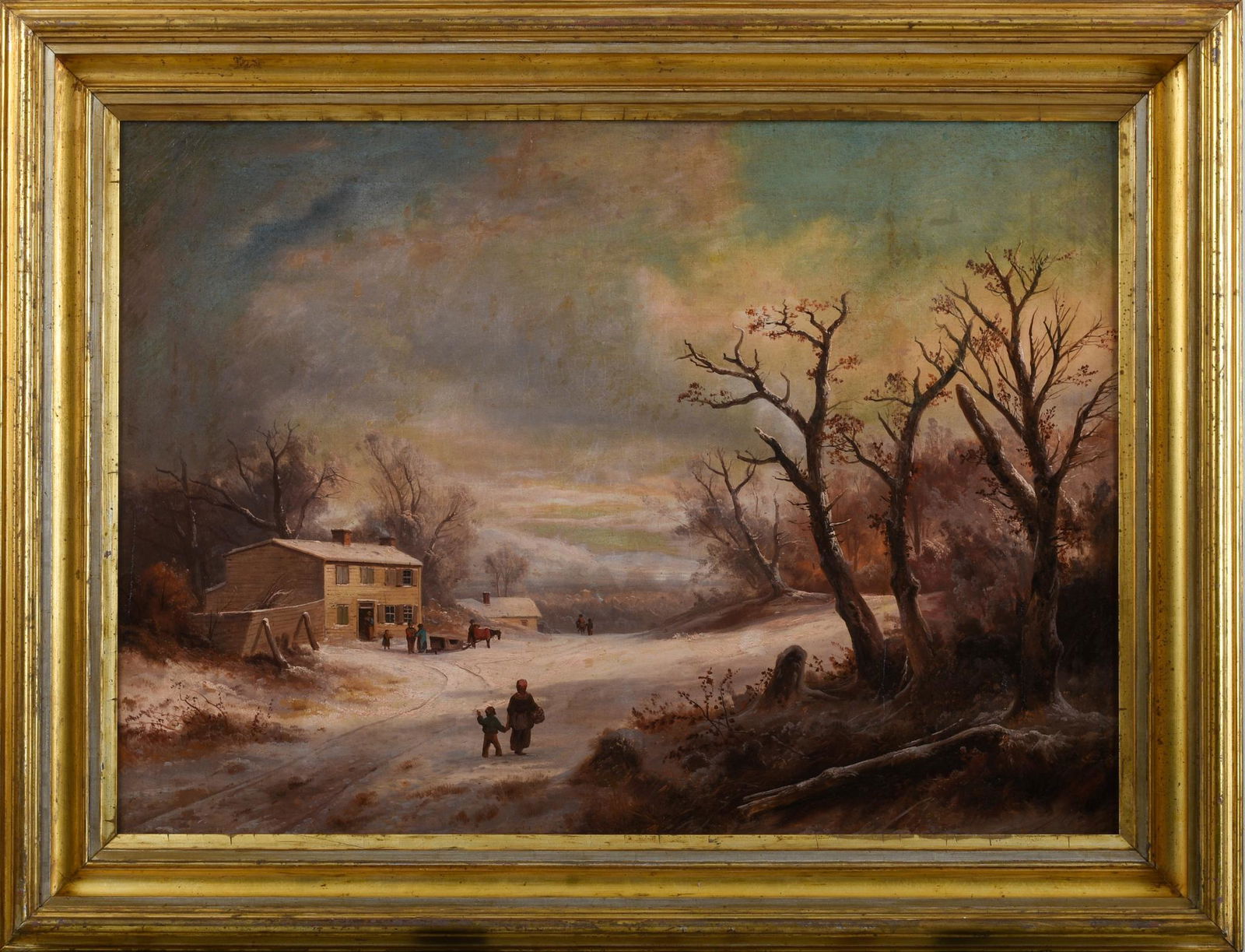 Attr. Thomas Birch. A Country Scene in Winter.: Attributed to Thomas Birch (American, 1797-1851). A Country Scene in Winter with a City in the Distance. Oil on canvas, 26 x 36 inches, within gilded and carved frame. The son of William Birch, engrav