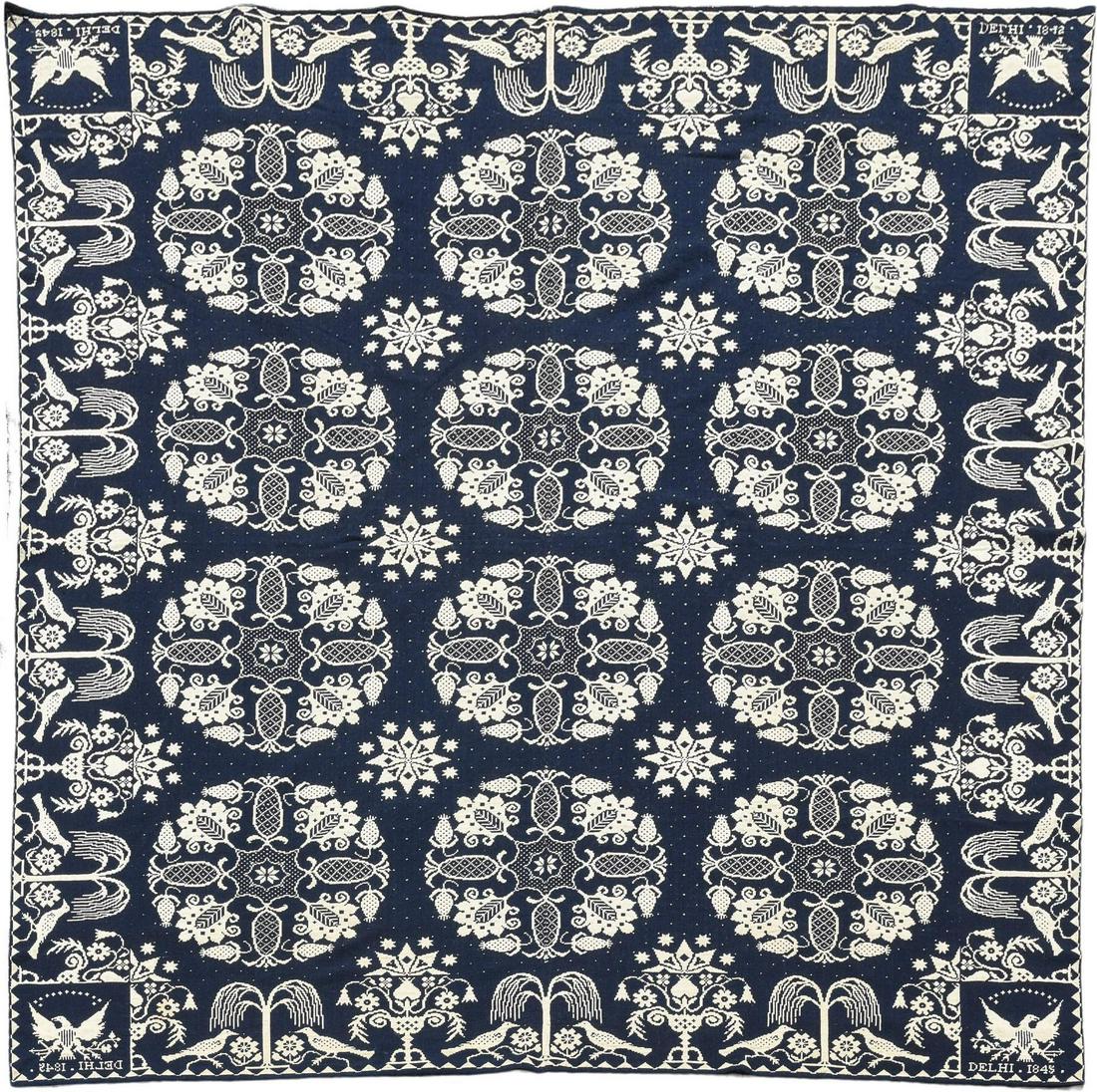 Blue and White Woven Wool and Cotton Jacquard Coverlet. (1 of 5)