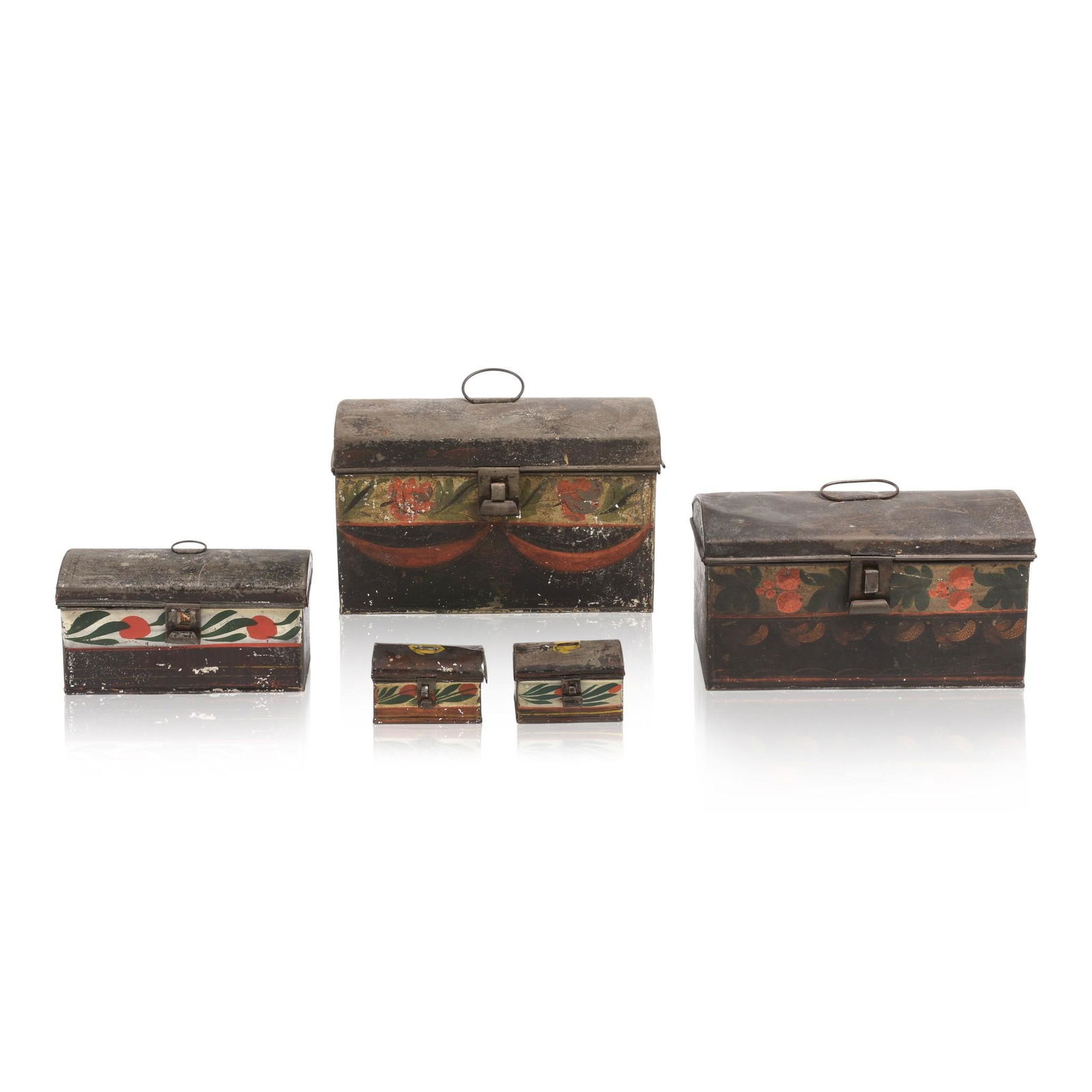 Five American Painted Tinware Dome Top Boxes. (1 of 6)