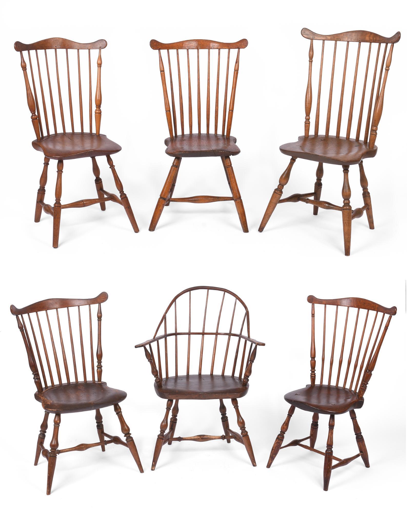 Assembled Set of Five New England Fan Back WIndsors.: Together with a bow back windsor arm chair.