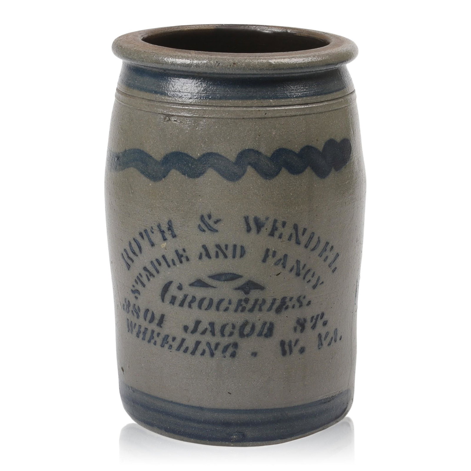 Roth & Wendell West Virginia Merchant's Crock.: With cobalt blue decoration, advertising "Roth & Wendell Staple and Fancy Groceries, 3801 Jacob St., Wheeling, W. VA." Height 9.5 inches.