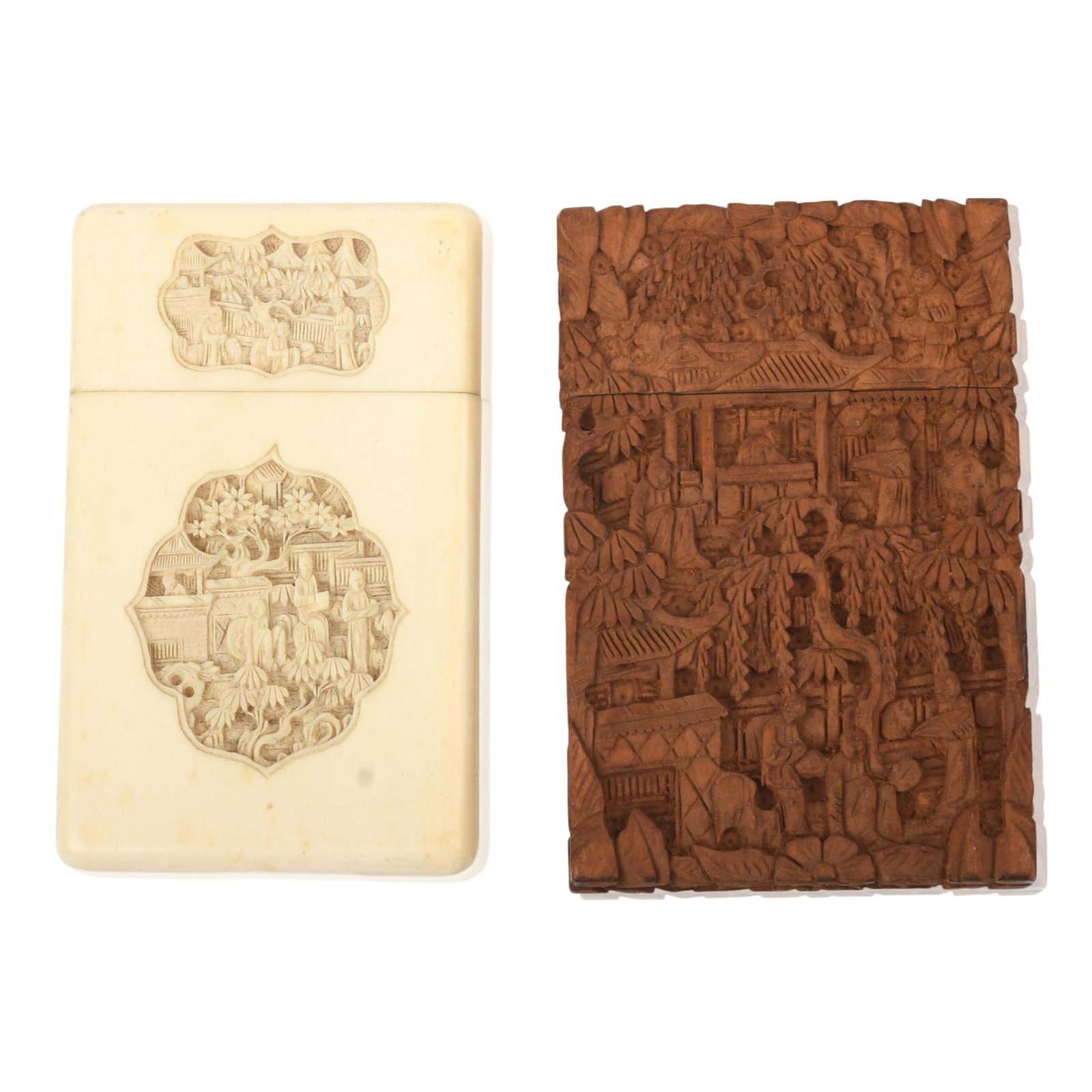 Two 19th C. Chinese Carved Card Cases.: One wood and one bone, each approximately 4.25 x 2.75 inches.