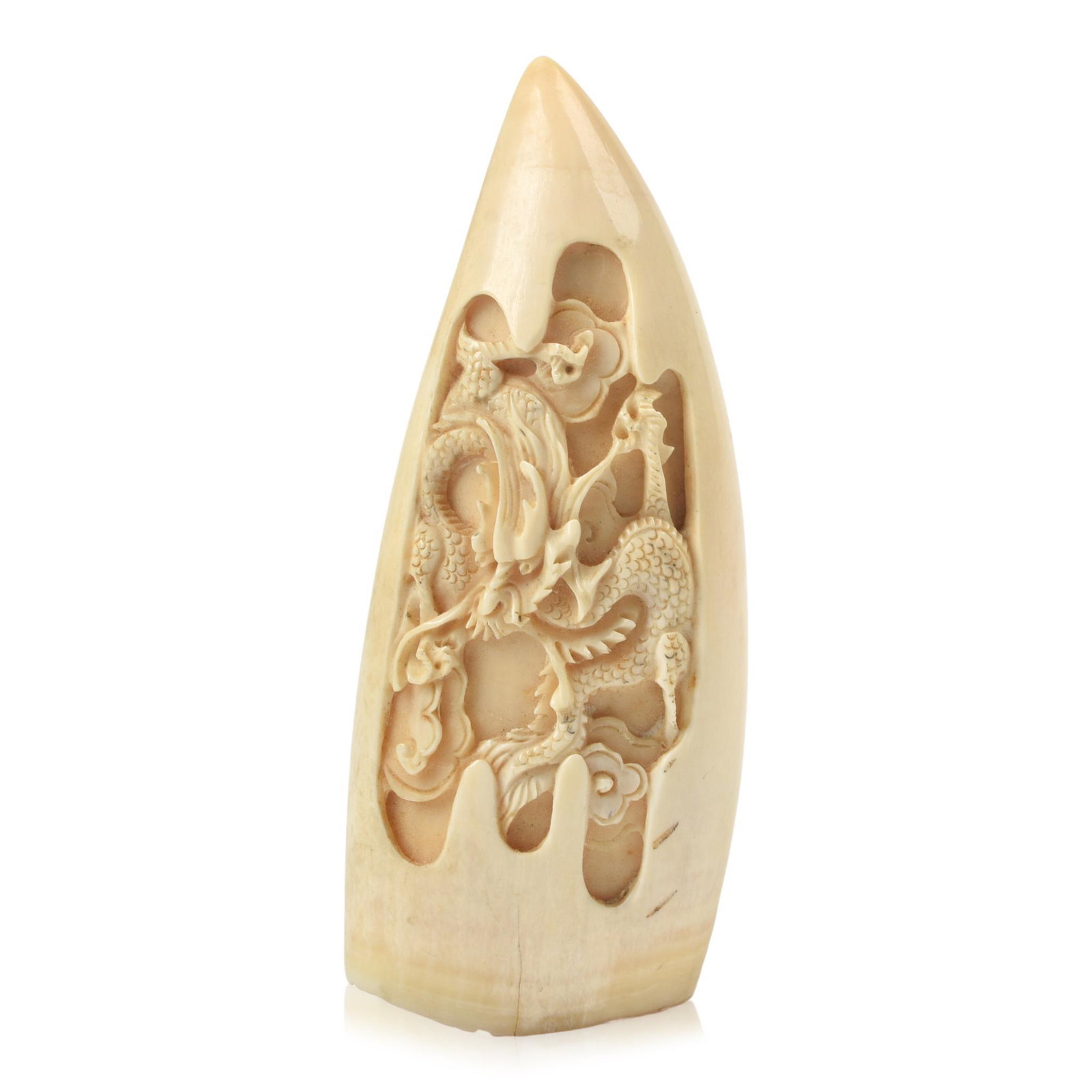 19th C. Chinese Carved Whaleâ€™s Tooth with Dragon.: Height 5.25 inches.